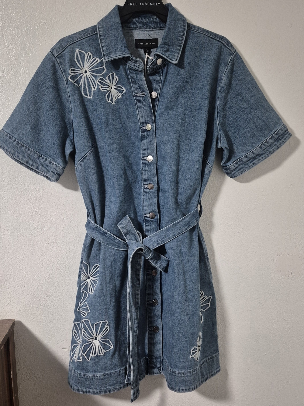 Free Assembly Blue Denim Mini Shirt Dress with White Floral Embroidery
